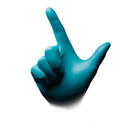 A hand clad in a blue glove, wearing AMPri SolidSafety ChemN Special Nitrile Chemical Protection Gloves from AMPri Handelsgesellschaft mbH, is isolated against a white background. The thumb and index finger are extended in an L-shape, while the other fingers are curled inward.