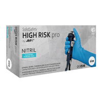 A box of AMPri SolidSafety High Risk Pro Nitrile Chemical Protection Gloves, Type A, from AMPri Handelsgesellschaft mbH features a picture on the packaging of a hand wearing a blue glove and holding a test tube. These gloves are powder-free and latex-free and are CE 0598-certified for optimal protection against chemicals.