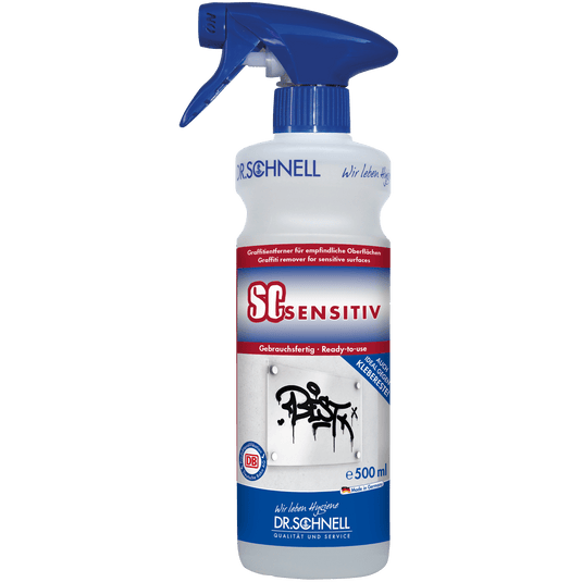 Un pulverizador de 500 ml de DR.SCHNELL SC SENSITIV, un eliminador de grafitis para superficies delicadas, con boquilla azul y una etiqueta que incluye la información del producto y un grafiti en una pared.