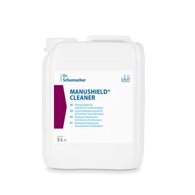 5-Liter-Behälter aus weißem Kunststoff mit Dr. Schumacher MANUSHIELD® CLEANER der Dr. Schumacher GmbH mit blauem und rotem, mehrsprachigem Etikett für hygienische Sauberkeit und wirksame Keimkontrolle - ideal zur Reinigung und Desinfektion.