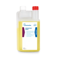 A 1-liter PERFEKTAN® ENDO plastic bottle from Dr. Schumacher GmbH with a red cap, yellow liquid, and a white label featuring blue and purple text—ideal for safe endoscope reprocessing.
