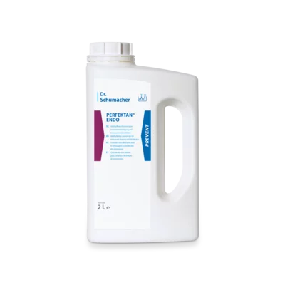 Ein 2-Liter-Behälter aus weißem Kunststoff mit Griff und Schraubverschluss, beschriftet mit "Dr. Schumacher PERFEKTAN® ENDO" der Dr. Schumacher GmbH, ist mit blauen und violetten Akzenten für die Endoskop-Aufbereitung mit Desinfektionsmittel Endoskope versehen.