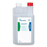 A 1-liter bottle of Dr. Schumacher Cleanisept® Surface Disinfectant and Cleaner by Dr. Schumacher GmbH, featuring a white bottle, a red-and-white cap, and a blue-and-green label, for the effective cleaning of medical devices.