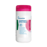 Un envase dispensador blanco de toallitas Dr. Schumacher Cleanisept® Wipes Forte, con tapa rosa, que contiene 100 toallitas desinfectantes para superficies, presenta el texto de la etiqueta en inglés y alemán. Marca: Dr. Schumacher GmbH.