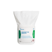 The white plastic packaging for Dr. Schumacher Descosept Pur Wipes RTU Disinfectant Wipes (120 wipes) by Dr. Schumacher GmbH features blue and green accents, as well as safety and usage instructions for rapid disinfection printed on the packaging.