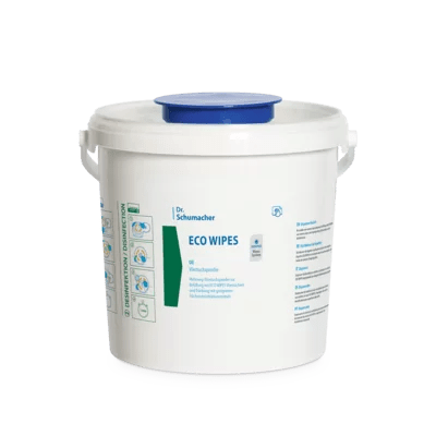 White plastic container with a blue lid and the inscription "Dr. Schumacher ECO WIPES BUCKET | Set (6 buckets)" by Dr. Schumacher GmbH. On the side, there are instructions and details about these eco-friendly wipes for sustainable cleaning printed.