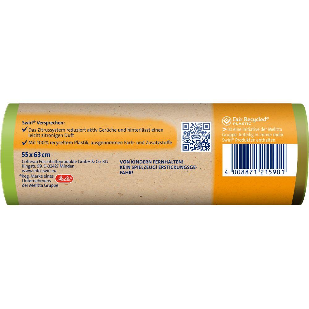 The label of a Swirl Active Fresh Garbage Bag 35l roll from Melitta Europa GmbH & Co. KG contains recycling information, warnings, company details, a barcode, and German text on a brown background with green, white, black, and orange accents.