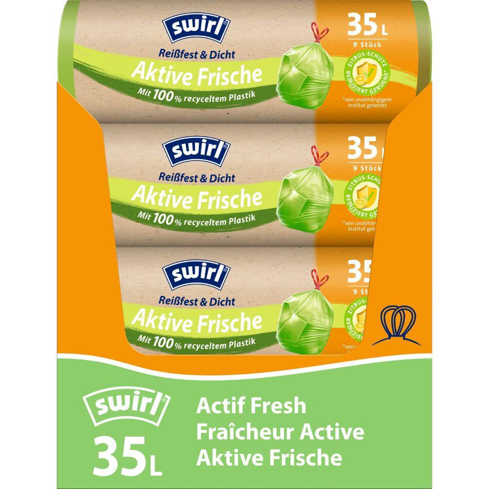 Melitta Swirl Active Fresh Garbage Bags 35 l Tear-resistant & Leak-proof, roll with 9 bags, made from recycled plastic. Yellow-green packaging with citrus system for freshness, labeling in German and French.