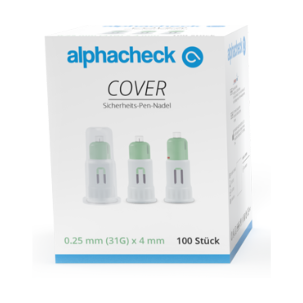 Una caja de agujas de bolígrafo de seguridad Alphacheck COVER, de varios tamaños de Berger Med GmbH, contiene 100 piezas y está etiquetada como "aguja de bolígrafo de seguridad". Las dimensiones de la aguja se indican como 0,25 mm (31G) x 4 mm y se pueden ver imágenes con varios tamaños de agujas, destacando la punta de aguja ultrafina para mayor seguridad.