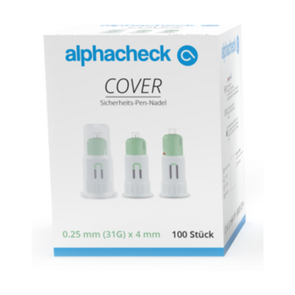 Una caja de agujas de bolígrafo de seguridad Alphacheck COVER, de varios tamaños de Berger Med GmbH, contiene 100 piezas y está etiquetada como "aguja de bolígrafo de seguridad". Las dimensiones de la aguja se indican como 0,25 mm (31G) x 4 mm y se pueden ver imágenes con varios tamaños de agujas, destacando la punta de aguja ultrafina para mayor seguridad.