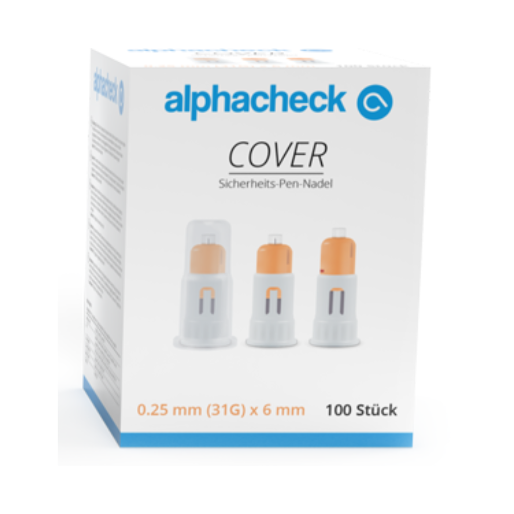 Una caja blanca con la inscripción "Agujas de bolígrafo de seguridad Alphacheck COVER, varios tamaños" de Berger Med GmbH, que contiene 100 agujas de bolígrafo de seguridad con las dimensiones 0,25 mm (31G) x 6 mm. La caja muestra imágenes de tres puntas de agujas ultrafinas en diferentes estados: completamente cubiertas, parcialmente expuestas y completamente expuestas, con texto visible en alemán en el empaque.