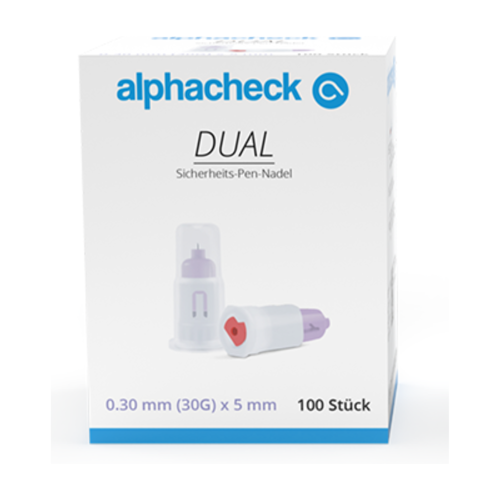 Se muestra una caja de agujas de seguridad para bolígrafos Alphacheck DUAL, varios tamaños de Berger Med GmbH. La caja contiene 100 agujas, cada una con un tamaño de 0,30 mm (30G) x 5 mm. El diseño consiste en una aguja en una funda protectora y otra aguja afuera, lo que subraya la doble seguridad.