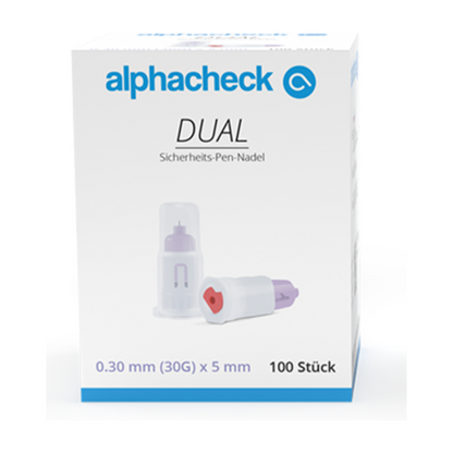 Se muestra una caja de agujas de seguridad para bolígrafos Alphacheck DUAL, varios tamaños de Berger Med GmbH. La caja contiene 100 agujas, cada una con un tamaño de 0,30 mm (30G) x 5 mm. El diseño consiste en una aguja en una funda protectora y otra aguja afuera, lo que subraya la doble seguridad.