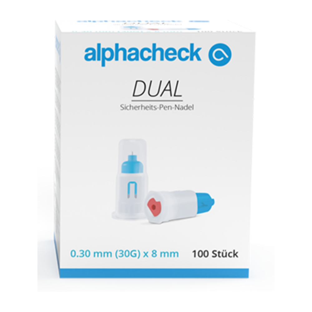 En una caja blanca se muestran las agujas de seguridad para bolígrafos Alphacheck DUAL, varios tamaños de Berger Med GmbH, con bloqueo después del uso. En el empaque se indican las agujas para bolígrafo con las dimensiones de 0,30 mm (30G) x 8 mm y contienen 100 unidades. La imagen también muestra un primer plano de una aguja que está encerrada en una tapa de plástico transparente.
