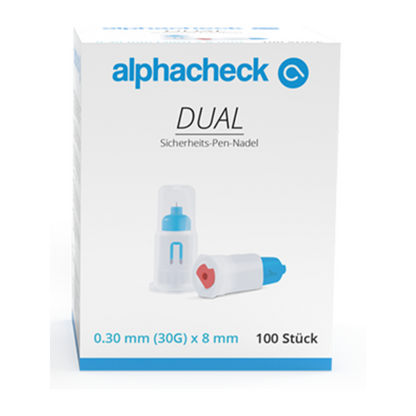 En una caja blanca se muestran las agujas de seguridad para bolígrafos Alphacheck DUAL, varios tamaños de Berger Med GmbH, con bloqueo después del uso. En el empaque se indican las agujas para bolígrafo con las dimensiones de 0,30 mm (30G) x 8 mm y contienen 100 unidades. La imagen también muestra un primer plano de una aguja que está encerrada en una tapa de plástico transparente.