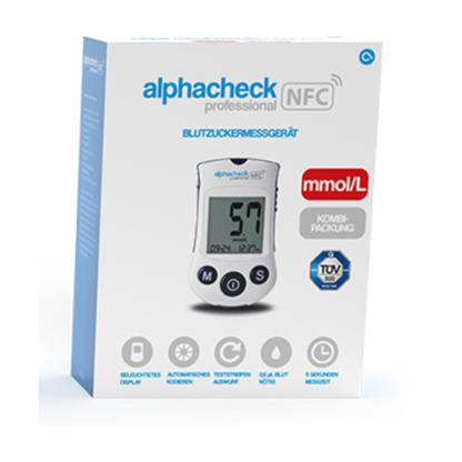 En eske Alphacheck Professional NFC blodsukkermåler kombipakke | Pakke (1 stk) for effektiv diabetesstyring. Merkenavnet og funksjonene til enheten er angitt på esken, inkludert mmol/L-enhet, opplyst skjerm, automatisk koding, teststrimmelutkast, 500 minneplasser og flerspråklig støtte. Merkenavnet er Berger Med GmbH.
