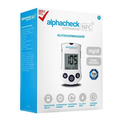 Bildet viser emballasjen til Alphacheck Professional NFC blodsukkermåler kombipakke | Pakke (1 stk). På forsiden av esken er det et bilde av Alphacheck Professional NFC blodsukkermåler som viser en verdi på 105 mg/dL. Esken inneholder forskjellige etiketter og symboler som fremhever diabetesstyringsfunksjonene og integrasjonen av NFC-teknologi. Merkenavn: Berger Med GmbH.