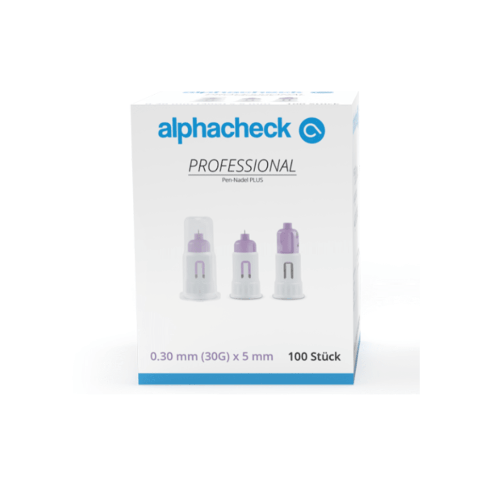 Una caja de agujas Alphacheck Professional Pen-Nadel PLUS, de distintos tamaños, para inyecciones de insulina. La caja muestra una imagen de las agujas estériles e indica el tamaño: 0,30 mm (30G) x 5 mm. Contiene 100 unidades de Berger Med GmbH.
