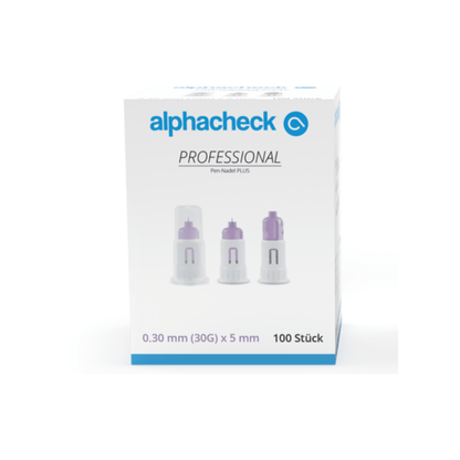 Una caja de agujas Alphacheck Professional Pen-Nadel PLUS, de distintos tamaños, para inyecciones de insulina. La caja muestra una imagen de las agujas estériles e indica el tamaño: 0,30 mm (30G) x 5 mm. Contiene 100 unidades de Berger Med GmbH.