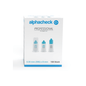 Una caja de agujas para pluma Alphacheck Professional PLUS, de distintos tamaños. La caja blanca con detalles en azul contiene 100 agujas estériles de 0,30 mm (30G) x 8 mm para inyecciones de insulina. En la parte delantera aparecen imágenes de tres agujas para pluma con texto en azul y negro de Berger Med GmbH.