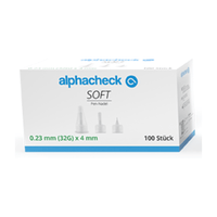 A white box labeled “Berger Med GmbH Alphacheck Soft Pen Needles, various sizes, 100 per package” contains 100 pen needles. The text states that the needles measure 0.23 mm (32G) x 4 mm and are suitable for comfortable insulin injections. The front of the box shows three images of needles and additional text in blue and green.