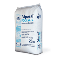 A 25-kg bag of Alposal pool salt from Südwestdeutsche Salzwerke AG is packaged in a predominantly white bag with blue accents and labeled in German. It contains 99.9% sodium chloride for use in salt electrolysis systems and complies with DIN standards as pure evaporated salt for swimming pools.