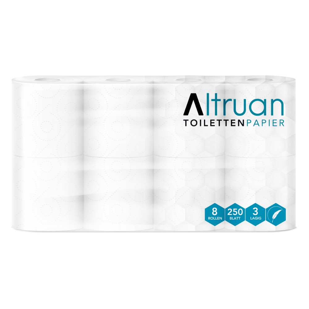 Packung mit acht Rollen Altruan Toilettenpapier, 3-lagig, weiß von Meditrade GmbH, jede Rolle enthält 250 Blatt. Auf der Verpackung ist angegeben, dass es sich um 3-lagiges Toilettenpapier handelt. Das Design ist minimalistisch mit geometrischen Mustern und der Text besteht aus einer Mischung aus schwarzen und blauen Farben.