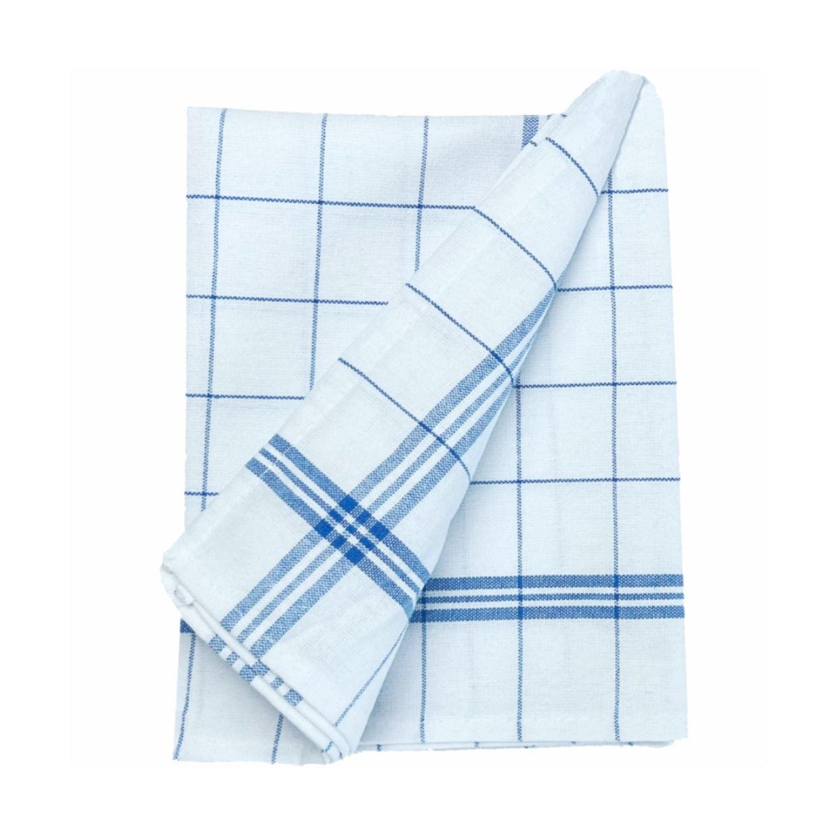 The Arcora Professional Dish Towel Blue-White from Arcora International GmbH (pack of 10 pieces) made of white cotton with a blue checkered pattern and stripes – perfect for lint-free drying, presented on a plain white background.