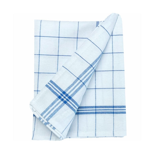El paño de cocina Arcora Profi azul y blanco de Arcora International GmbH (paquete de 10 unidades), confeccionado en algodón blanco con un estampado a cuadros azules y rayas, es perfecto para secar sin dejar pelusa, y se presenta sobre un sencillo fondo blanco.