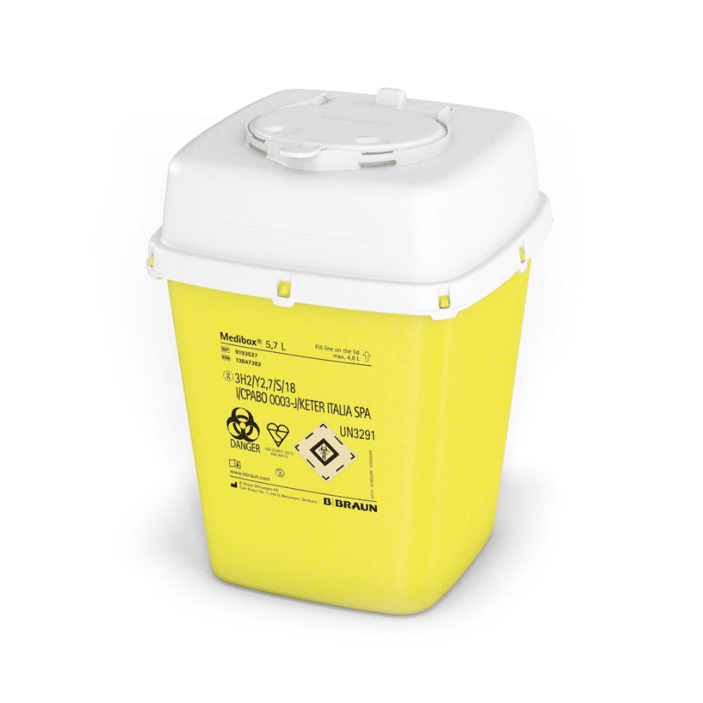 Ein gelber B. Braun Medibox® Kanülenabwurfbehälter mit weißem Deckel, der für die sichere Entsorgung scharfer medizinischer Abfälle konzipiert ist. Das Kanülenbox-Etikett enthält ein Warnsymbol für biologische Gefahren, Gebrauchsanweisungen und Markeninformationen der B. Braun Melsungen AG. Das Fassungsvermögen beträgt 5,7 Liter.