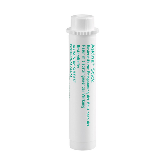 Ein weißer B. Braun Askina® Stick Rasierstift zur Entspannung der Haut mit schwarzem Text, der zur Linderung von Asthma bestimmt ist, isoliert auf weißem Hintergrund. Die Kappe ist oben auf dem Stick sichtbar.
