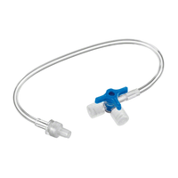The B. Braun Discofix®-3 three-way stopcock with blue connecting tube from B. Braun Deutschland GmbH & Co. KG offers a three-way stopcock with a distinctive blue valve handle, connected to a flexible, transparent tubing. This tubing has connectors at both ends, making it an indispensable component of fluid management and infusion therapy in medical settings.