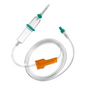 The B.Braun Intrafix® SafeSet Neutrapur (PUR) Premium Infusion Device by B. Braun Deutschland GmbH & Co. KG features a transparent drip chamber, a 180 cm long transparent spiral tube, an orange roller clamp for precise flow control, and a green connector at the end. Additionally, it includes an AirStop filter membrane suitable for pressure and gravity infusions.