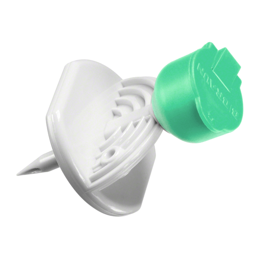 Una chincheta B.Braun Mini-Spike® de B. Braun Deutschland GmbH & Co. KG, con un diseño de plástico en verde y blanco, con la parte superior plana y redondeada y el extremo puntiagudo; la parte inferior está fabricada de tal forma que se evita una penetración profunda en las superficies.