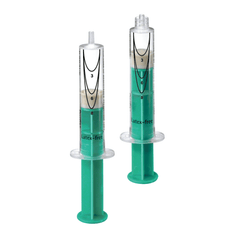 A couple B. Braun Perifix® L.O.R. syringes for epidural anesthesia, 10 ml each, with green plungers marked from 1 to 8, are labeled “latex-free” and stand upright. Expertly manufactured by B. Braun Deutschland GmbH & Co. KG for precision applications such as loss-of-resistance techniques.