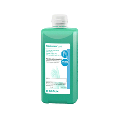 The B. Braun Promanum® pure hand sanitizers from the B. Braun Deutschland GmbH & Co. KG is a green 500-ml bottle containing a skin-friendly, alcohol-based hand sanitizer, featuring a label with product details and an image of hands, as well as a white cap.