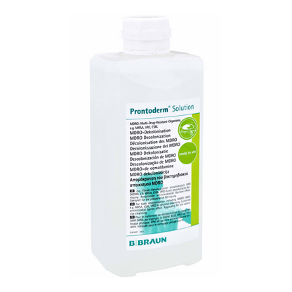 The image shows a bottle of B.Braun Prontoderm® solution for MRE decolonization of skin and mucous membranes by B. Braun Deutschland GmbH & Co. KG and emphasizes its purpose in MRE decolonization. The white bottle is equipped with a green-white label with multilingual text highlighting the antimicrobial barrier effect and skin compatibility.