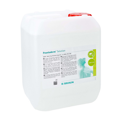 A spacious white container with a carrying handle, containing 'B.Braun Prontoderm® solution for MRE decolonization of skin and mucous membranes' by B. Braun Deutschland GmbH & Co. KG, ensures excellent skin compatibility. The label includes a small text and a green logo as well as an image of a person. The container, specially designed for MRE decolonization, is securely closed with a red cap.