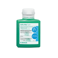 En la imagen aparece una botella verde B. Braun Desinfectante de manos Softa-Man® pure. Este desinfectante de manos virucida contiene un 45 % de etanol y está etiquetado como producto sin perfumes ni colorantes, lo que lo hace ideal para la desinfección higiénica de las manos.
