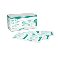 The B. Braun Softa® Swabs Alcohol Swabs Pack (100 pieces) by B. Braun Deutschland GmbH & Co. KG offers individually packaged swabs for skin cleansing. The green-and-white packaging features multilingual text, making it perfect for use with isopropyl alcohol swabs.