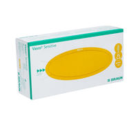 The picture shows a box B. Braun Vasco® Sensitive Latex Examination Gloves, Size XS 5-6, by B. Braun Deutschland GmbH & Co. KG. The packaging features a white-and-green design with an eye-catching yellow oval that highlights the glove size and details. These natural latex gloves are powder-free, offering greater safety and comfort.