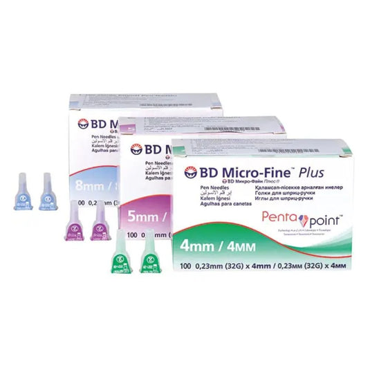 Se ofrecen tres cajas de agujas para pluma BD Micro-Fine Plus con tecnología Pentapoint en los tamaños de 4 mm, 5 mm y 8 mm. Cada caja contiene 100 agujas con tecnología Pentapoint para una mayor comodidad. El embalaje, codificado por colores, se adapta perfectamente a diferentes plumas de insulina. Marca: BD, Becton Dickinson GmbH.