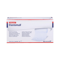 The image shows a box containing the BSN Elastomull® elastic bandage from BSN Medical GmbH, which is known for its good skin compatibility. The predominantly white packaging, with red and blue accents, features multilingual text, while the bandage—which has a high cotton content—is partially unrolled on the front.