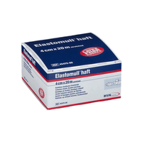 Se expone un envase de BSN Elastomull® haft, una venda elástica de fijación de 4 cm x 20 m. El envase es principalmente de color azul y blanco con detalles en rojo, e incluye un texto multilingüe que destaca que el producto es una venda cohesiva de polímero sin látex y subraya su función como venda elástica cohesiva. La marca responsable de este producto es BSN Medical GmbH.