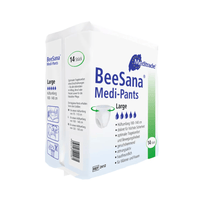 El embalaje de BeeSana® Medi-Pants, braguitas para la incontinencia de talla grande, muestra una caja blanca y azul con 14 braguitas para la incontinencia. Los símbolos ilustran su uso y el texto destaca características como la transpirabilidad y la comodidad, con la mención de Meditrade GmbH.