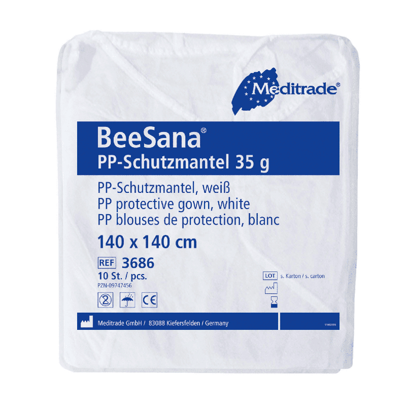 Embalaje para la bata protectora Meditrade BeeSana® PP 35g, una bata protectora blanca para uso hospitalario de Meditrade GmbH. El embalaje tiene las dimensiones de 140 x 140 cm y es ideal para un solo uso. Contiene un total de 100 piezas por paquete.