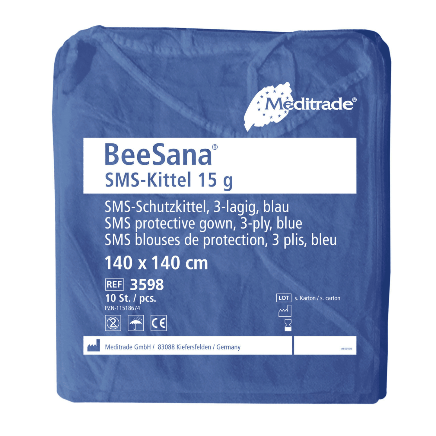 En pakke med 100 Meditrade BeeSana® SMS-kittel 15g (utgående artikkel) fra Meditrade GmbH, for engangsbruk. Artikkelinformasjon på tysk, engelsk og fransk.