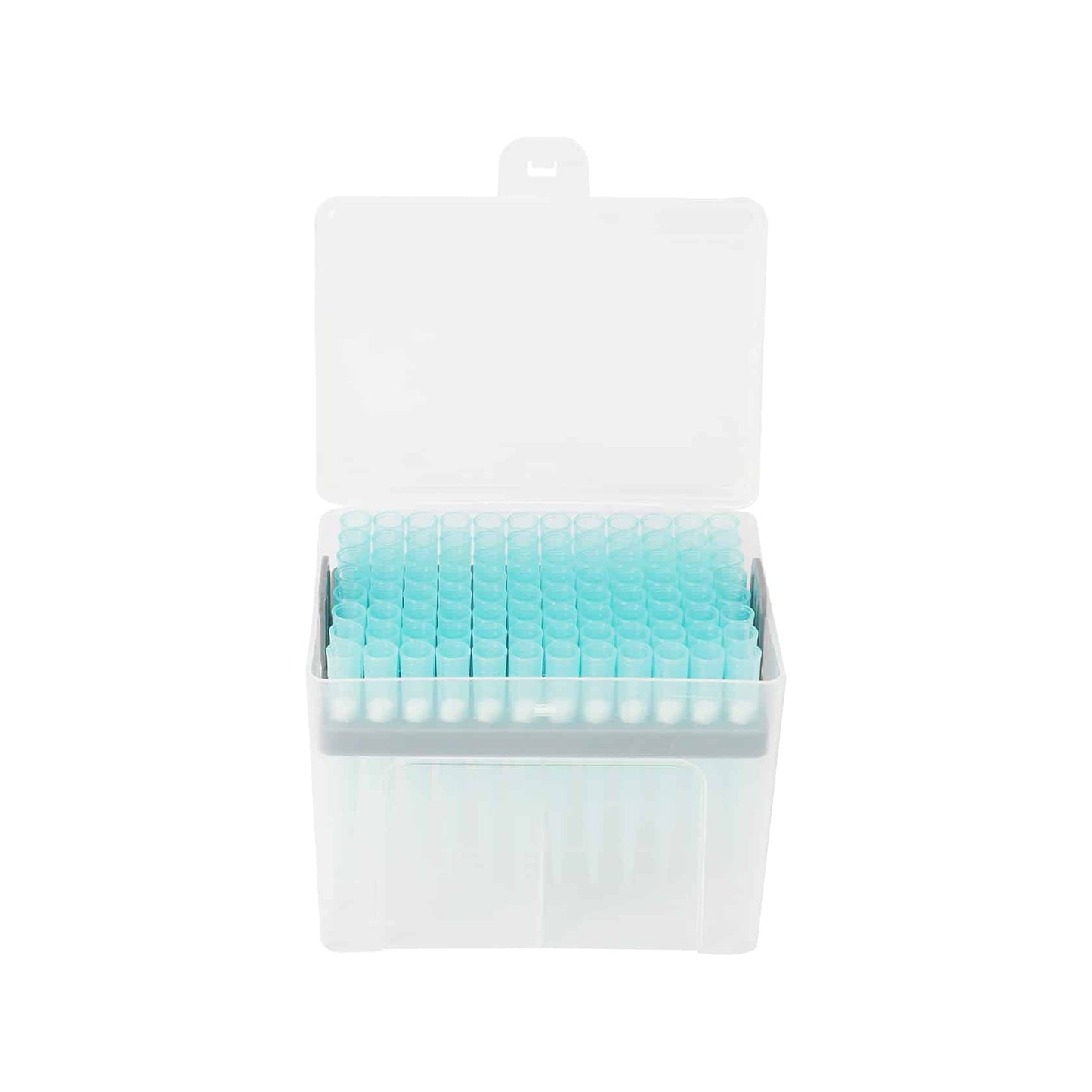 The Altruan Sterile Pipette Tips 1000 µl, with filter, are housed in a plastic box with an open lid, in which 96 blue disposable tips stand upright, so they are organized and ready for use in the laboratory.