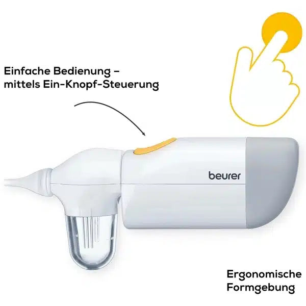Der Auslaufartikel: Beurer Nasensauger NA 20 für Babys der Beurer GmbH hat ein weiß-graues Design, einen transparenten Behälter, einen gelben Druckknopf, einen deutschen Text zur sanften Nasenreinigung und eine ergonomische Ein-Knopf-Bedienung sowie eine Illustration des gedrückten Knopfes.