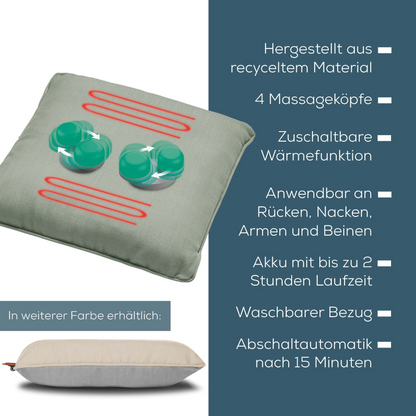 Ein Produktbild eines grauen Beurer Akku-Massagekissens MG 139. Deutscher Text hebt Funktionen hervor: aus recyceltem Material, 4 Massageköpfe, optionale Wärmefunktion, anwendbar an Rücken, Nacken, Armen und Beinen, Akkulaufzeit bis zu 2 Stunden, waschbarer Bezug mit 15-minütiger Abschaltautomatik. Zusätzliche Farboption verfügbar.
